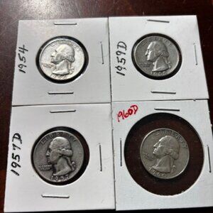 Lot of 4 Washington Silver Quarters 1960D, 1954, 1957D, 1959D | 90% Silver